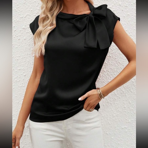 Luxe black tie neck short sleeve satin top